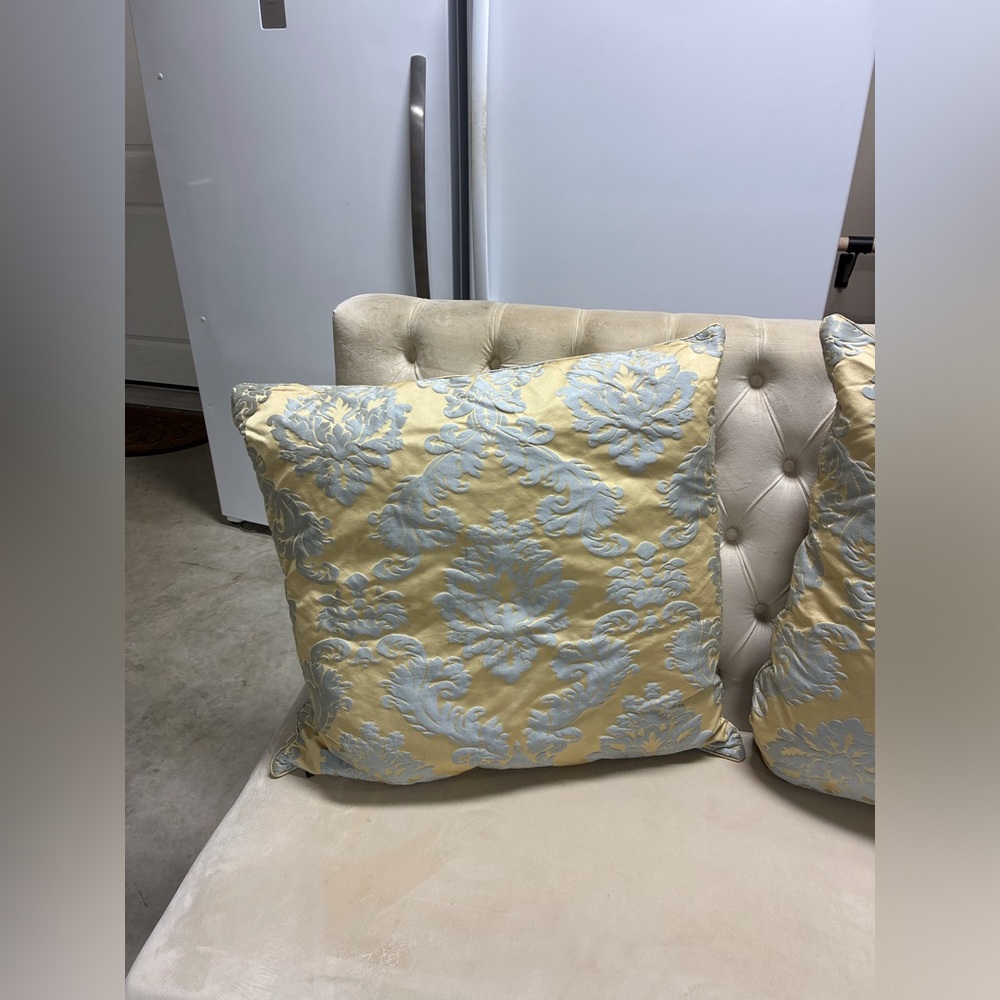 Gold and spa blue damask pillows